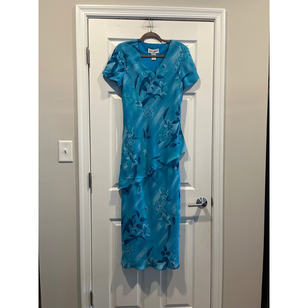 Donna Ricco New York Blue Floral Tiered Midi Dress V-Neck Short Sleeve Size 10